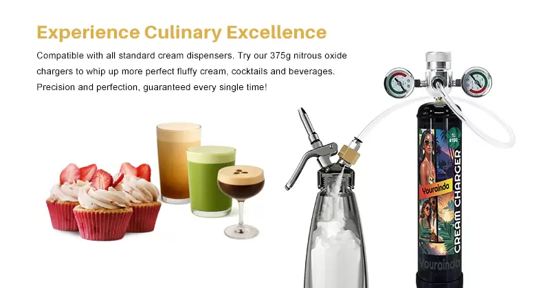 Make café-quality whipped cream at home or in your kitchen. One 615g tank replaces 75+ small chargers — no more mid-recipe interruptions. 100% food-grade N₂O, zero oily residue, pure taste every time. The YOURAINDA 1L (615g) high-capacity tank delivers 100% pure, food-grade nitrous oxide (N2O) with zero industrial aftertaste. Say goodbye to frequent cartridge swaps and maximize your back-of-house efficiency. Available in 4, 6, 8, and 12-pack wholesale bundles to lower your costs. Purest Culinary Experience: Filled with premium food-grade N2O, ensuring your whipped cream holds its shape longer and tastes fresher. We guarantee zero oily residue or metallic flavor, perfectly preserving the original taste of your ingredients. Maximum Workflow Efficiency: A single 615g tank replaces over 75 standard 8g chargers. This continuous, regulated gas flow prevents mid-shift interruptions, making it the ultimate time-saving upgrade for busy restaurants and bakeries. Universal Compatibility: Seamlessly connects to most standard whipped cream dispensers using a pressure regulator (sold separately) for a quick, plug-and-play setup. Eco-Friendly & Safe: Constructed from 100% recyclable, high-grade steel with advanced leak-proof technology to ensure secure storage and transport. Compatible with standard CGA320 regulators, available from $15-30 on Amazon