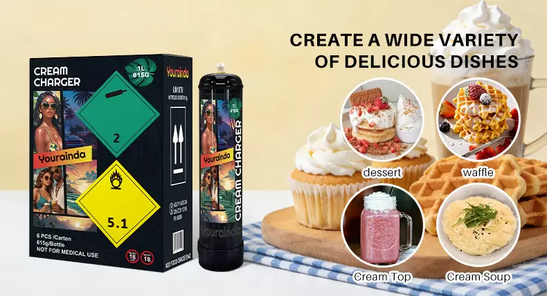Make café-quality whipped cream at home or in your kitchen. One 615g tank replaces 75+ small chargers — no more mid-recipe interruptions. 100% food-grade N₂O, zero oily residue, pure taste every time. The YOURAINDA 1L (615g) high-capacity tank delivers 100% pure, food-grade nitrous oxide (N2O) with zero industrial aftertaste. Say goodbye to frequent cartridge swaps and maximize your back-of-house efficiency. Available in 4, 6, 8, and 12-pack wholesale bundles to lower your costs. Purest Culinary Experience: Filled with premium food-grade N2O, ensuring your whipped cream holds its shape longer and tastes fresher. We guarantee zero oily residue or metallic flavor, perfectly preserving the original taste of your ingredients. Maximum Workflow Efficiency: A single 615g tank replaces over 75 standard 8g chargers. This continuous, regulated gas flow prevents mid-shift interruptions, making it the ultimate time-saving upgrade for busy restaurants and bakeries. Universal Compatibility: Seamlessly connects to most standard whipped cream dispensers using a pressure regulator (sold separately) for a quick, plug-and-play setup. Eco-Friendly & Safe: Constructed from 100% recyclable, high-grade steel with advanced leak-proof technology to ensure secure storage and transport. Compatible with standard CGA320 regulators, available from $15-30 on Amazon