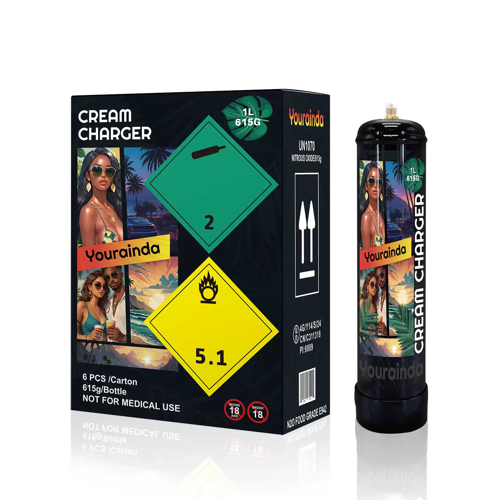 YOURAINDA 1L N2O Cream Charger Tank (615g) | Food Grade |  1-12 Pack Bundles | Free US Shipping